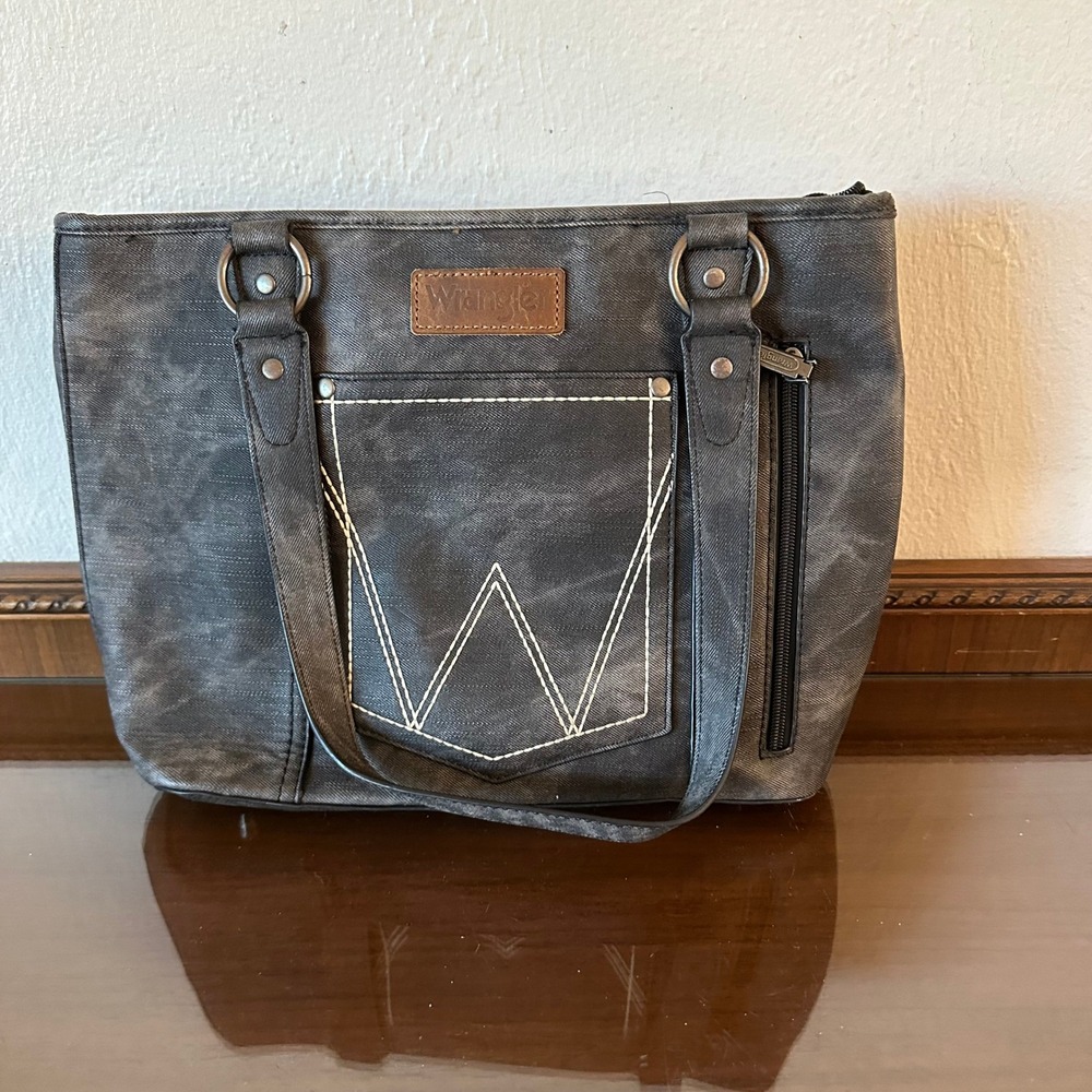 Wrangler Western Canvas Tote Bag Washed Black Shoulder Purse W Stitching
